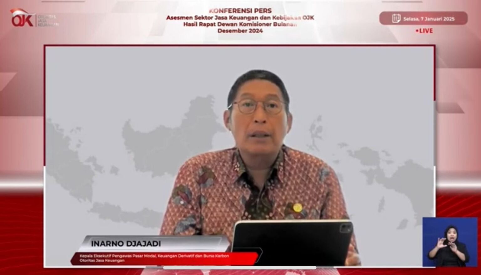 Kepala Eksekutif Pengawas Pasar Modal, Keuangan Derivatif dan Bursa Karbon OJK, Inarno Djajadi. Foto: Tangkapan layar YouTube Otoritas Jasa Keuangan.