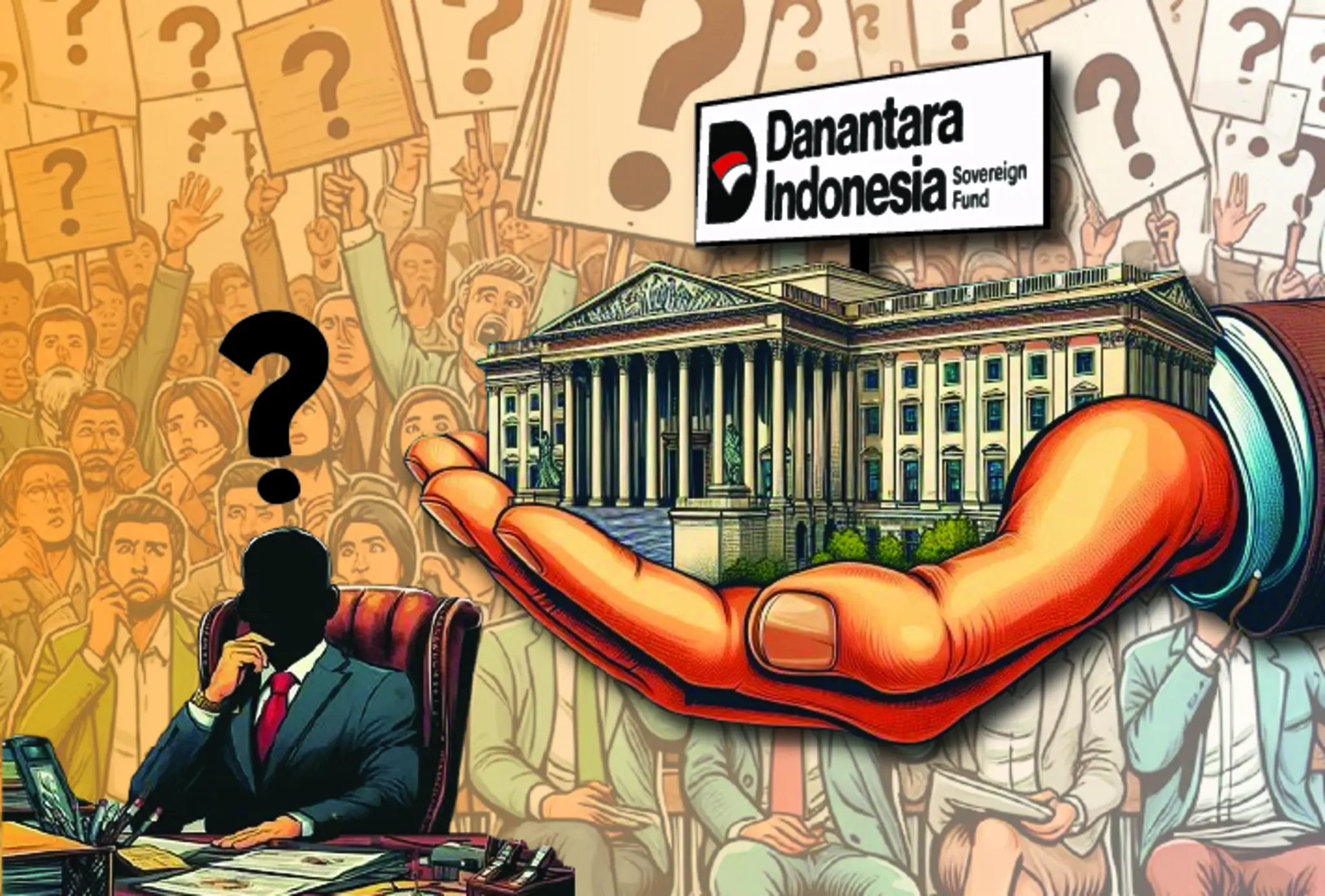 Ilustrasi editorial Ilustrasi dan ambisi Danantara (Grafis : Andrew Bernad)