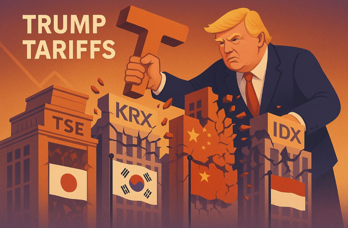 Ilustrasi tarif Trump menghantam saham-saham Asia. Foto dibuat oleh AI untuk KabarBursa.com.