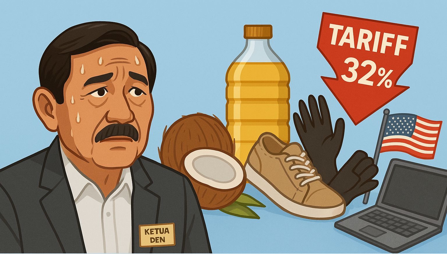 Ilustrasi Ketua DEN Luhut Binsar Pandjaitan dan produk-produk ekspor unggulan Indonesia yang terancam kena tarif Amerika Serikat. Foto dibuat oleh AI untuk KabarBursa.com.