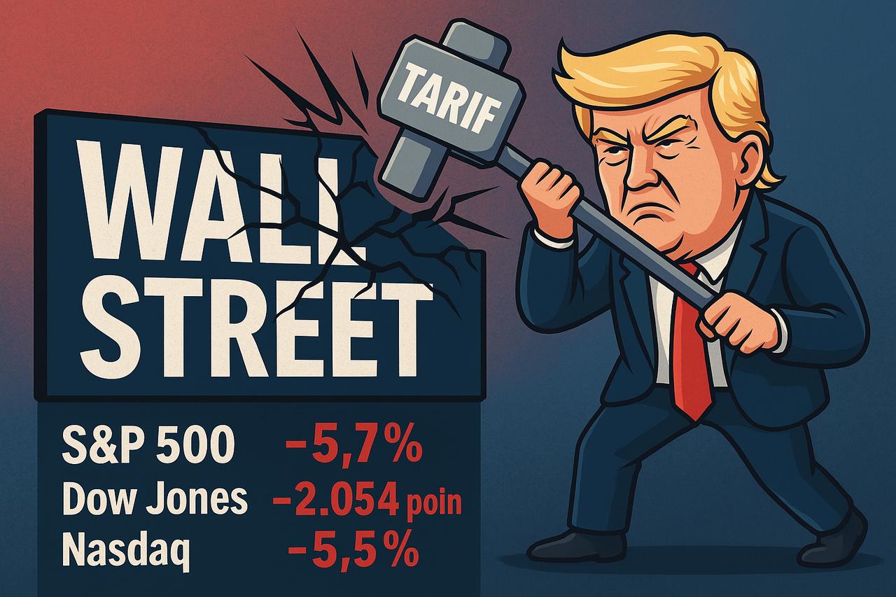 Ilustrasi: Wall Street anjlok efek tarif Donald Trump. Foto dibuat oleh AI untuk KabarBursa.com
