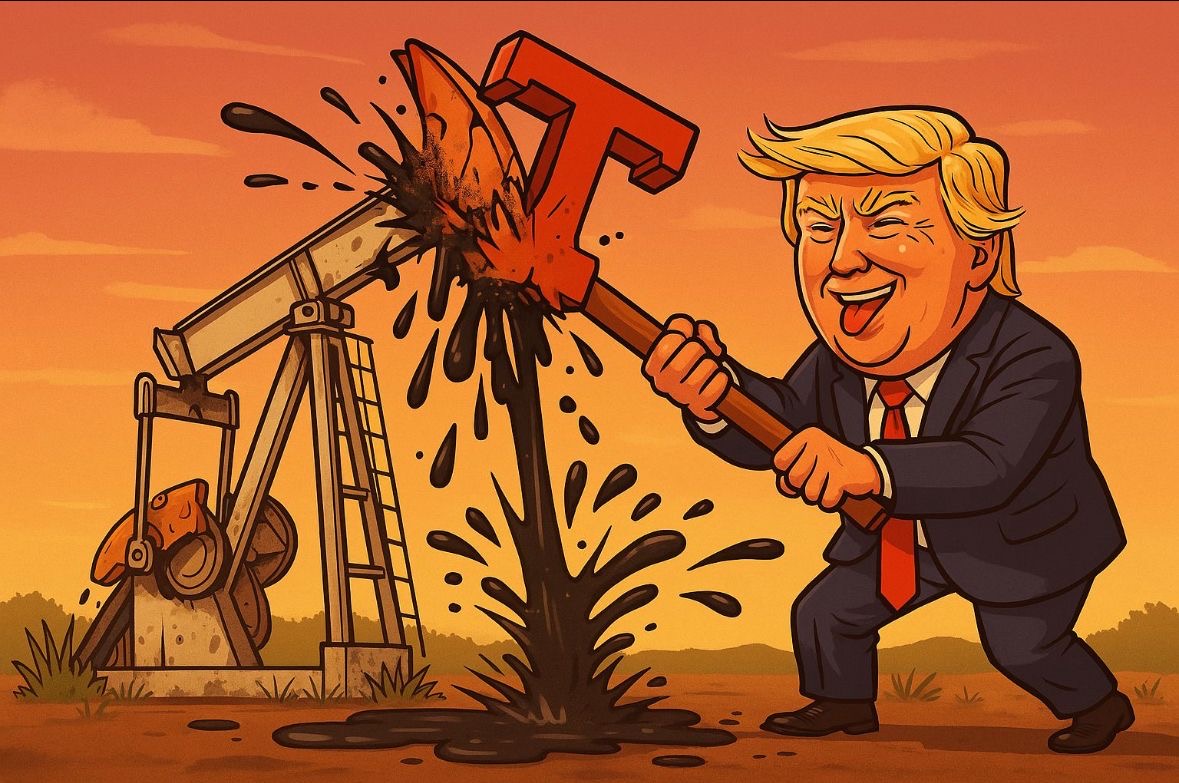 Ilustrasi minyak dunia ambrol gegara efek tarif Donald Trump. Gambar dibuat oleh AI untuk KabarBursa.com.