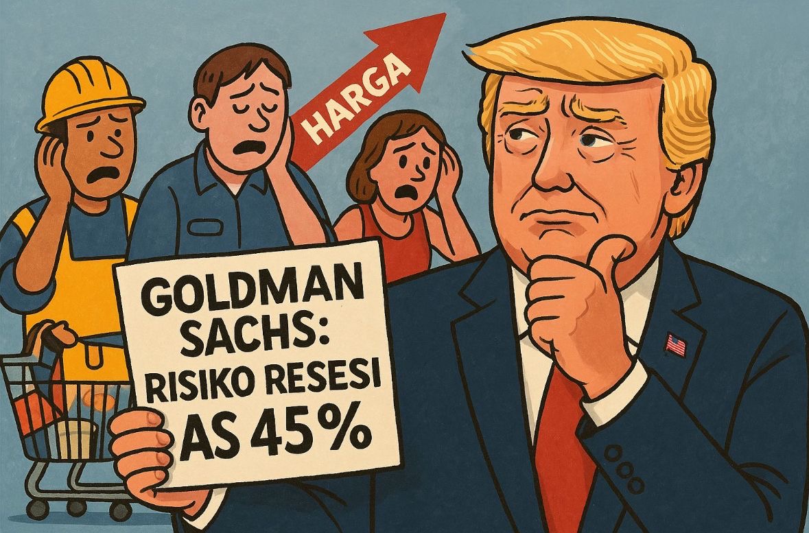 Ilustrasi: Goldman Sachs menaikkan risiko resesi Amerika Serikat menjadi 45 persen. Ekonomi AS kian menuju kerapuhan. Gambar dibuat oleh AI untuk KabarBursa.com.