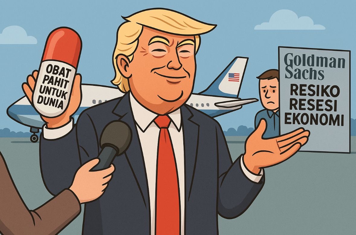 Ilustrasi: Donald Trump menyebut kebijakan tarif sebagai obat pahit untuk ekonomi dunia. Gambar dibuat oleh AI untuk KabarBursa.com.