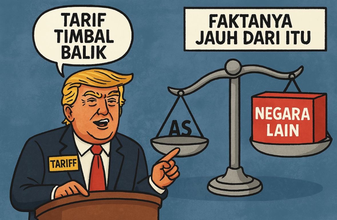 Ilustrasi: Trump berdalih tarif yang dikenakan pada negara lain bersifat timbal balik. Namun data WTO dan para ekonom justru menunjukkan sebaliknya. Gambar dibuat oleh AI untuk KabarBursa.com.