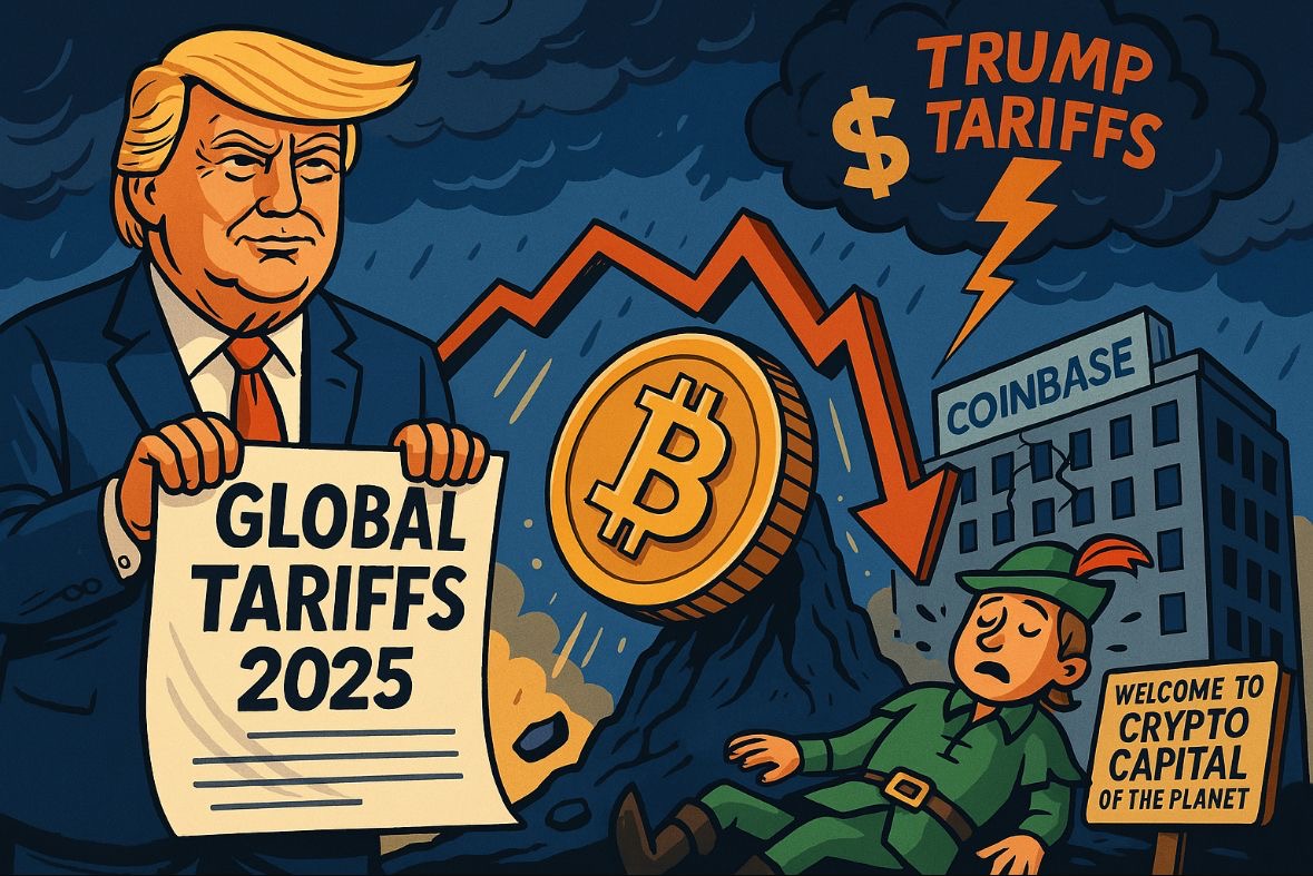Ilustrasi jatuhnya harga Bitcoin dan saham kripto di AS akibat kebijakan tarif Presiden Donald Trump yang memicu pelarian investor dari aset berisiko. Gambar dibuat oleh AI untuk KabarBursa.com.