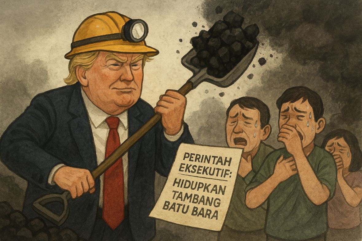 Presiden AS Donald Trump kembali menghidupkan industri batu bara lewat serangkaian perintah eksekutif. Gambar dibuat oleh AI untuk KabarBursa.com.