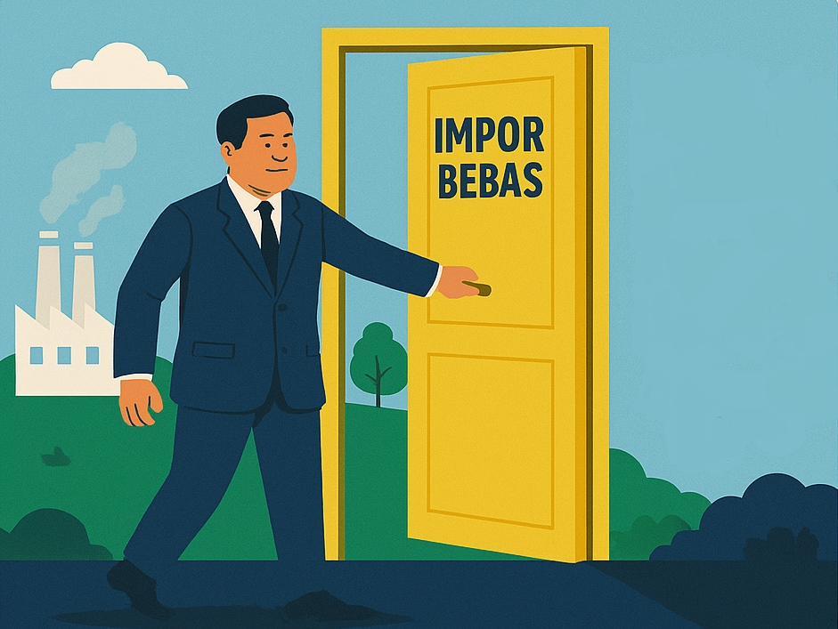 Ilustrasi: Gambar yang menunjukkan seseorang membuka pintu "impor bebas" dengan latar belakang yang menggambarkan industri. (Foto: Kabarbursa/AI)