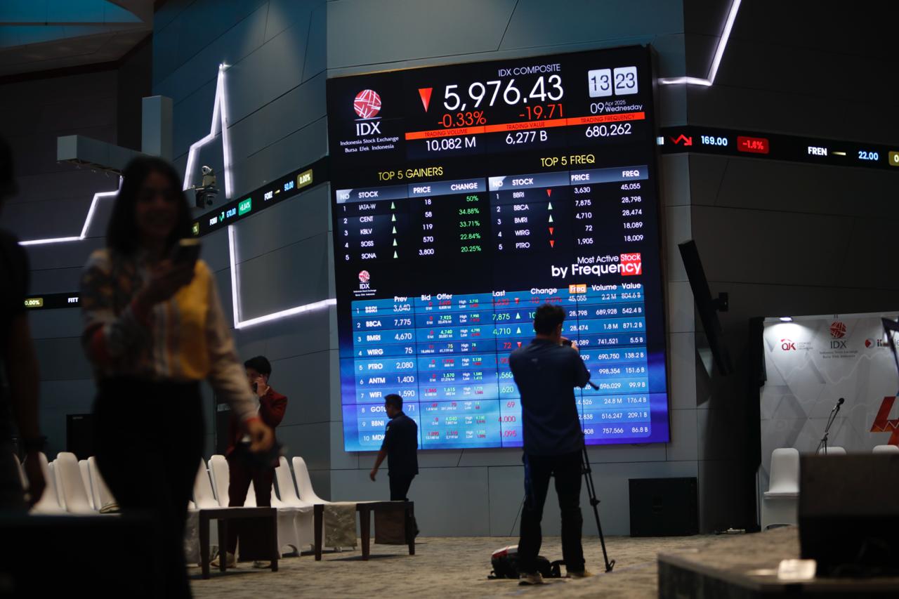 Aktivitas pengunjung di depan papan pemantau saham di Main Hall Bursa Efek Indonesia (BEI), Rabu, 9 April 2025. Mulai pukul 13.30 WIB siang ini, layar kembali didominasi warna merah. (Foto: KabarBursa/Abbas Sandji)