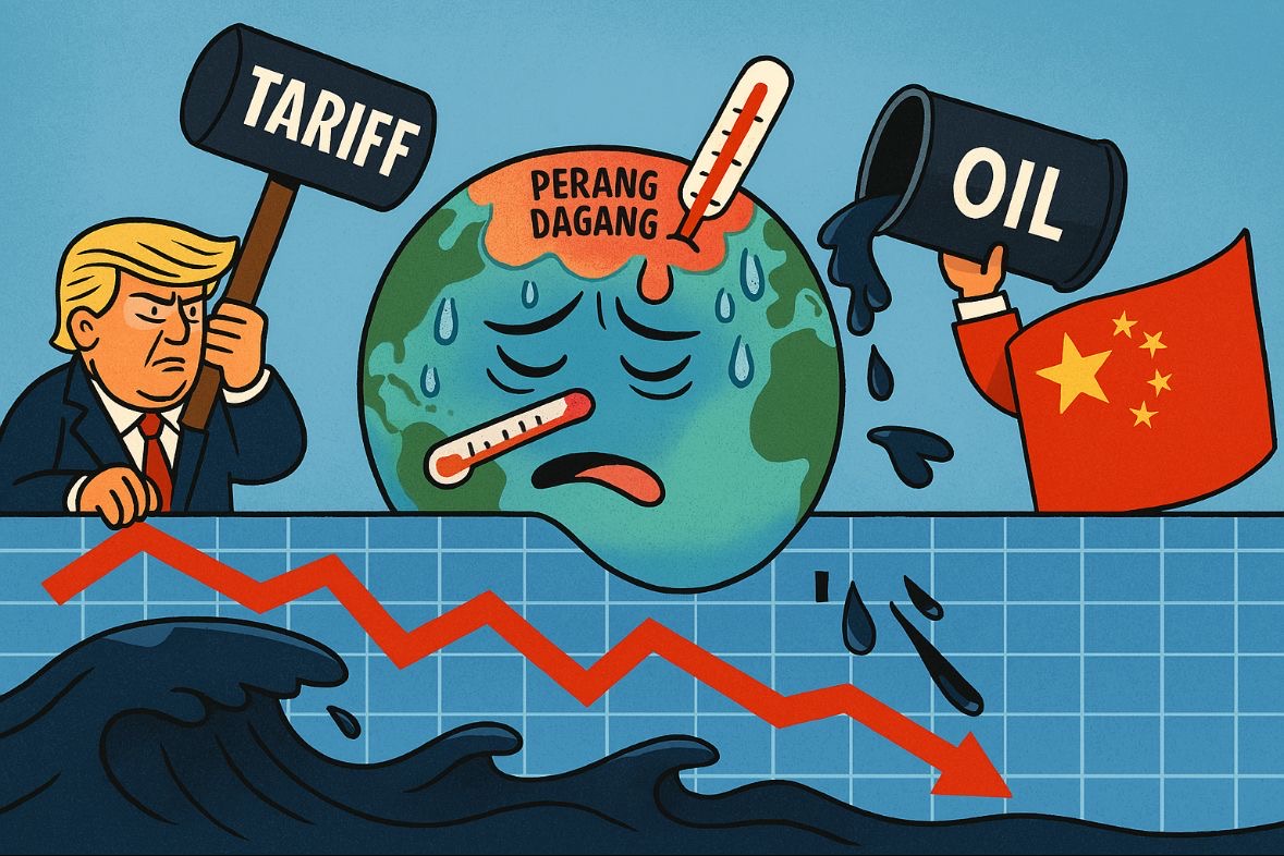 Harga minyak dunia kembali anjlok lebih dari USD2 per barel setelah investor kembali khawatir terhadap perang dagang antara Amerika Serikat dan China. Gambar dibuat oleh AI untuk KabarBursa.com.