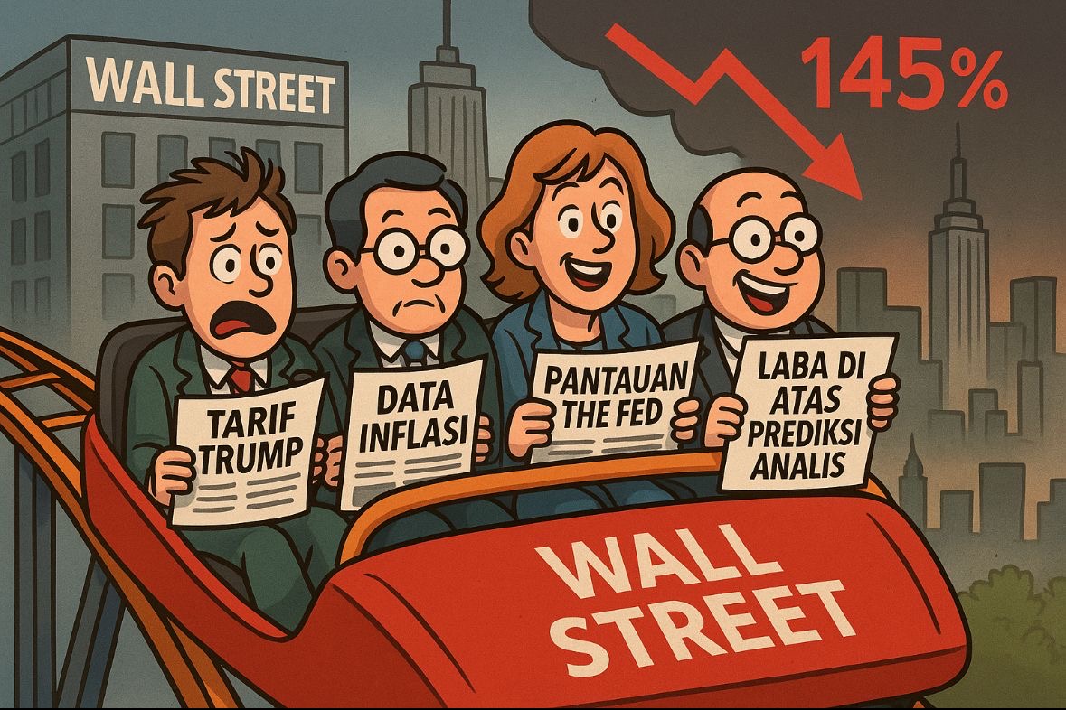 Ilustrasi pergerakan pasar saham AS yang masih dibayangi ketidakpastian akibat kebijakan tarif Presiden Donald Trump. Gambar oleh AI untuk KabarBursa.com.