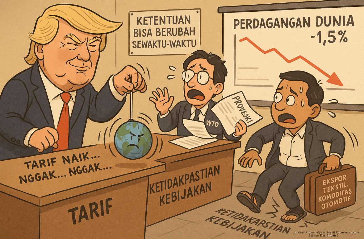 WTO memperingatkan risiko anjloknya perdagangan global akibat rencana tarif Trump. Gambar dibuat oleh AI untuk KabarBursa.com.