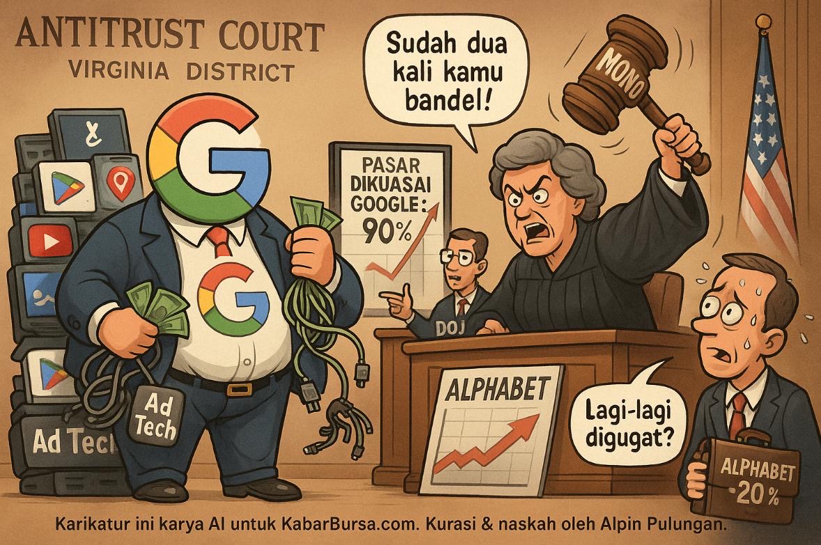 Google kembali dijatuhi vonis monopoli ilegal oleh pengadilan AS karena menyalahgunakan teknologi iklan digital. Gambar dibuat oleh AI untuk KabarBursa.com.