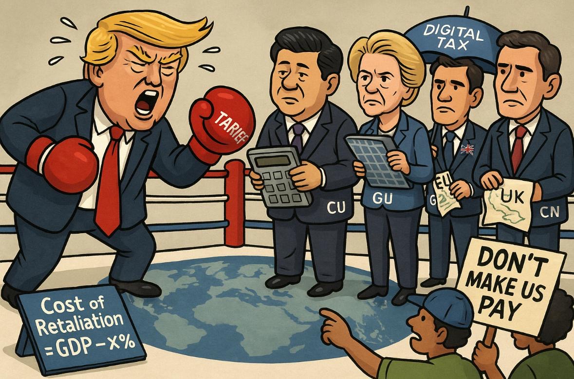 Tarif Trump memicu tekanan internasional. Tapi kenapa negara-negara besar malah menahan diri? Gambar dibuat oleh AI untuk KabarBursa.com.