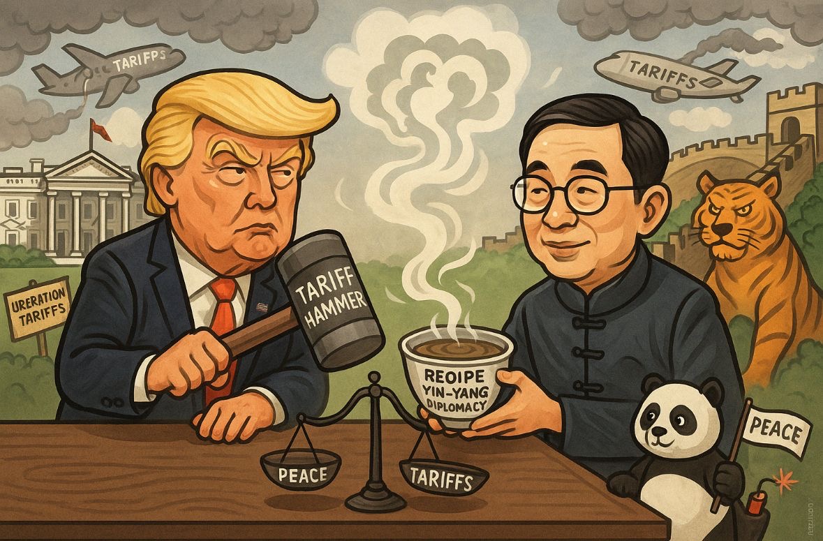 Karikatur Presiden Trump dan Dubes Xie Feng menggambarkan tensi dan seruan damai di tengah perang dagang AS-China. Ilustrasi dibuat oleh AI untuk KabarBursa