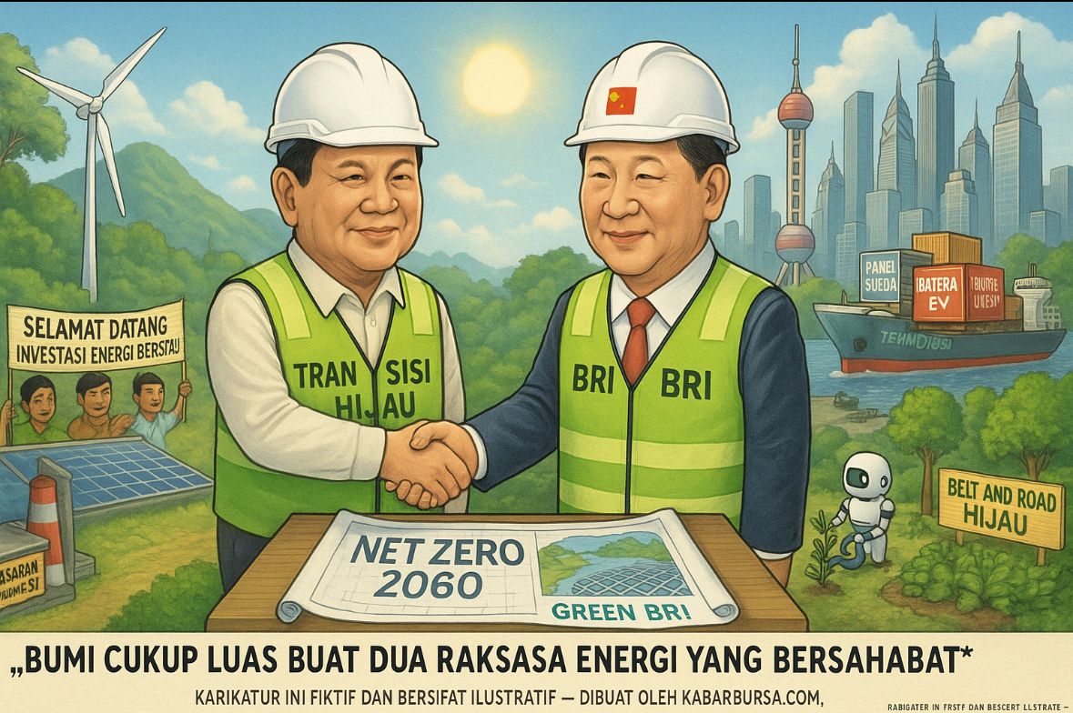 Tujuh dekade lebih Indonesia dan China bersahabat. Kini saatnya kerja sama itu diarahkan ke masa depan energi bersih dan ekonomi rendah karbon. Gambar dibuat oleh AI untuk KabarBursa.com.