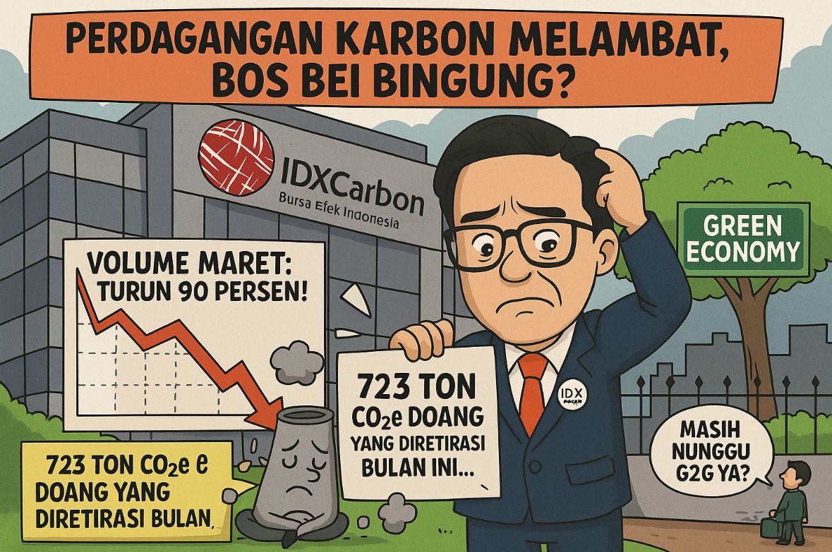 Pasar karbon Indonesia kembali melemah. Volume dan nilai transaksi di IDXCarbon turun drastis sepanjang Maret 2025. Karikatur dibuat oleh AI untuk KabarBursa.com.