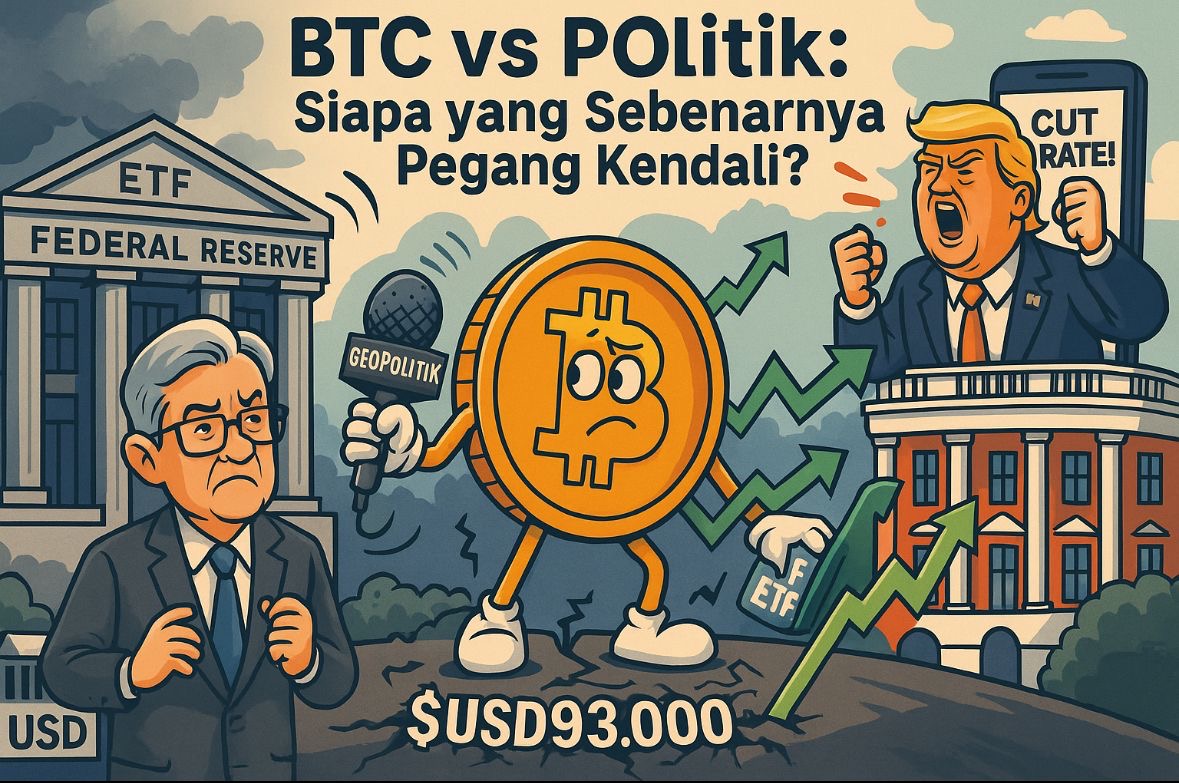 Harga BTC menembus Rp1,5 miliar setelah Trump kembali menyerang The Fed. Kini, sentimen politik jadi salah satu pemicu utama reli Bitcoin. Gambar dibuat oleh AI untuk KabarBursa.com.