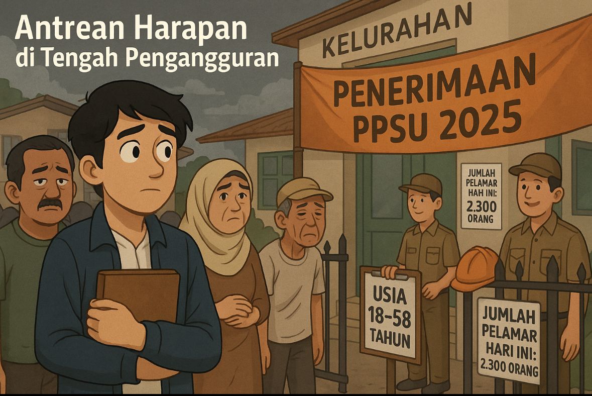 Peluang kerja baru dibuka di tengah antrean penganggur muda Jakarta. Tapi siapa yang benar-benar terbantu oleh program PPSU? Gambar dibuat oleh AI untuk KabarBursa.com.
