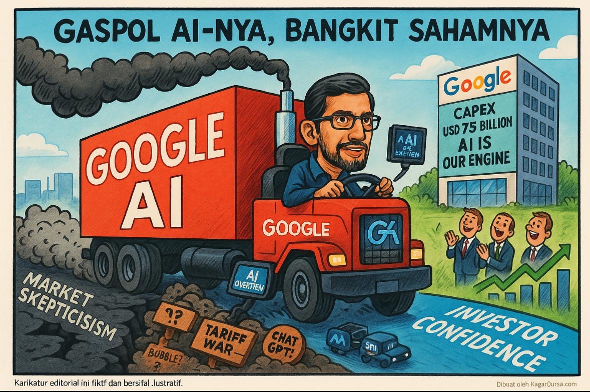 Laporan keuangan Alphabet kuartal I 2025 bikin pasar lega. Investasi AI tetap digenjot, saham naik, dan iklan digital masih jadi mesin utama pendapatan Google. Gambar oleh AI untuk KabarBursa.com.