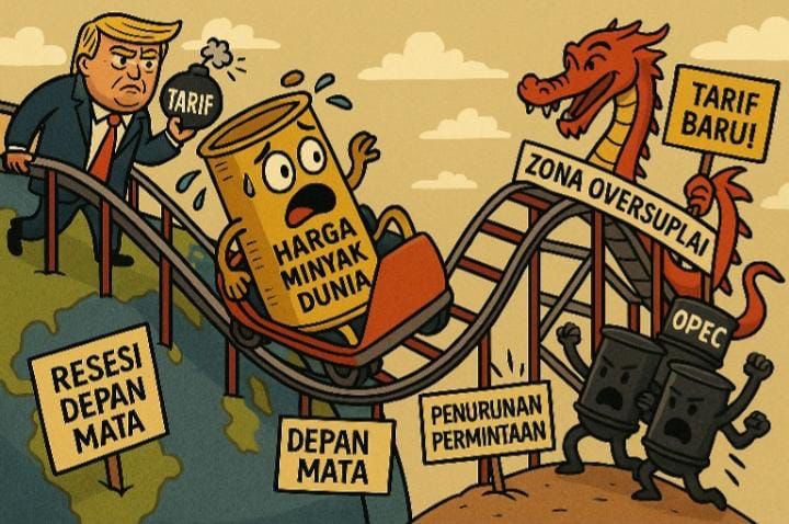 Harga minyak dunia terseret ketidakpastian pasar, dari perang dagang hingga ancaman resesi global. Gambar dibuat oleh AI untuk KabarBursa.com.