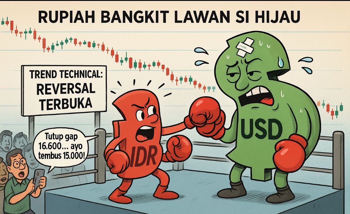 Rupiah mulai menguat terhadap dolar AS. Grafik teknikal USD/IDR menunjukkan potensi reversal ke Rp16.000 bahkan Rp15.000. Gambar dibuat oleh AI untuk KabarBursa.com