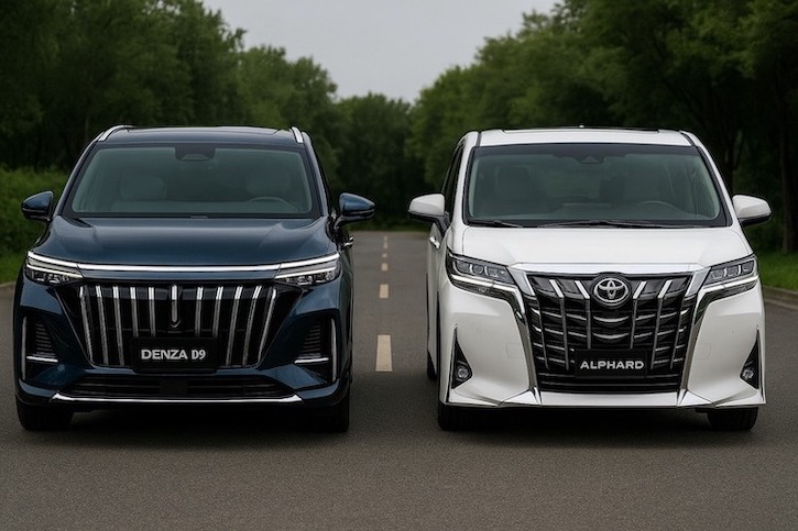 Perbandingan antara Toyota Alphard vs Denza D9. Foto dibuat oleh AI untuk kabarbursa.com. 