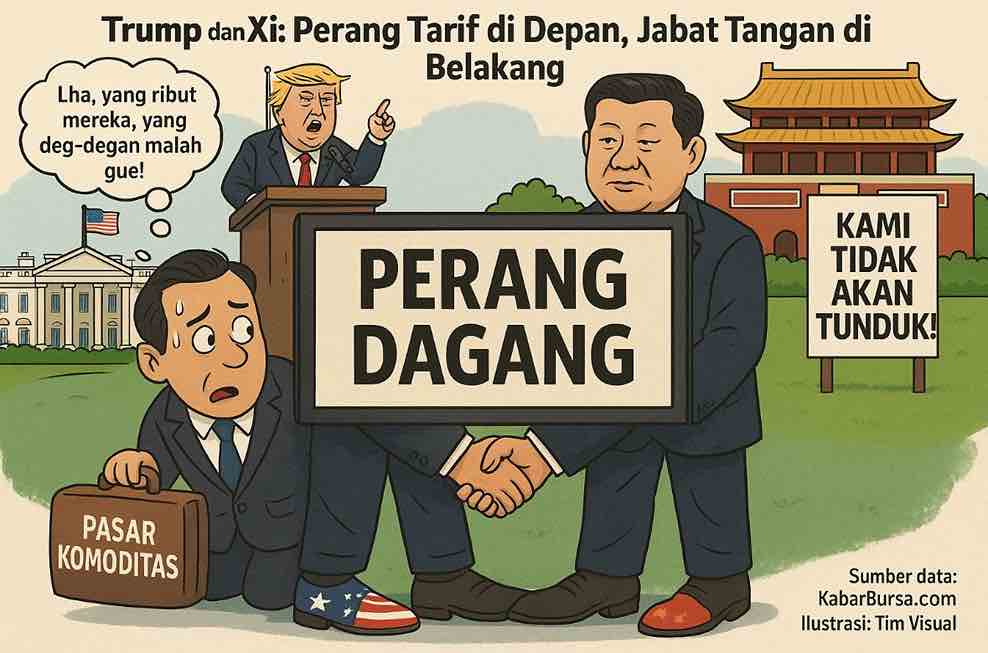 Spillover perang tarif Trump-China bisa berdampak ke Indonesia. Investor wajib waspada peluang dan risikonya. Gambar dibuat oleh AI untuk KabarBursa.com.