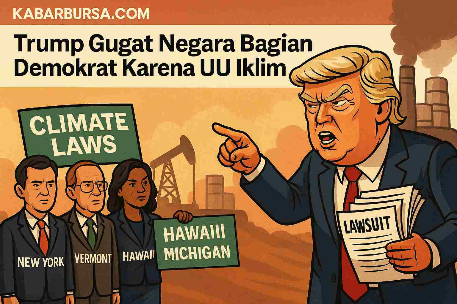 Ilustrasi Presiden Donald Trump menggugat empat negara bagian terkait UU Iklim. (Foto dibuat oleh AI untuk KabarBursa.com)