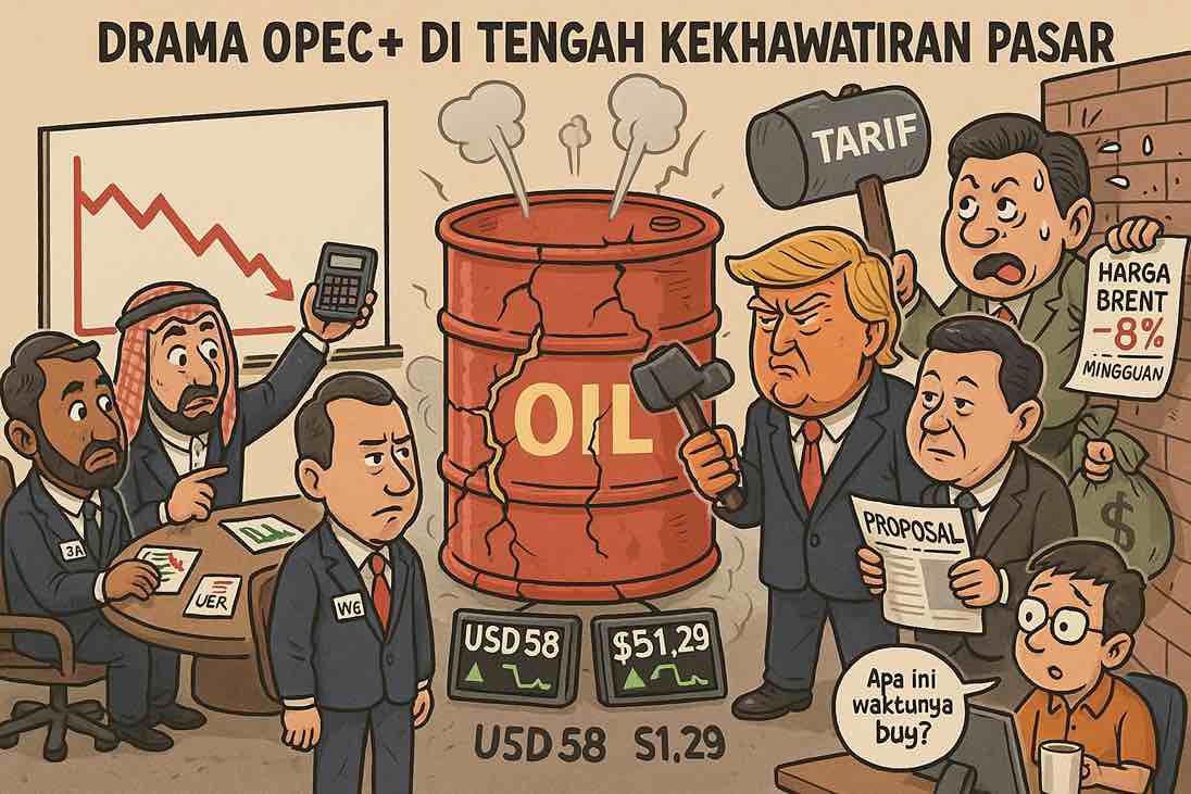 Harga minyak dunia turun tajam menjelang rapat OPEC+, memicu spekulasi pasar soal kebijakan produksi dan dampaknya ke ekonomi global. Gambar dibuat oleh AI untuk KabarBursa.com.