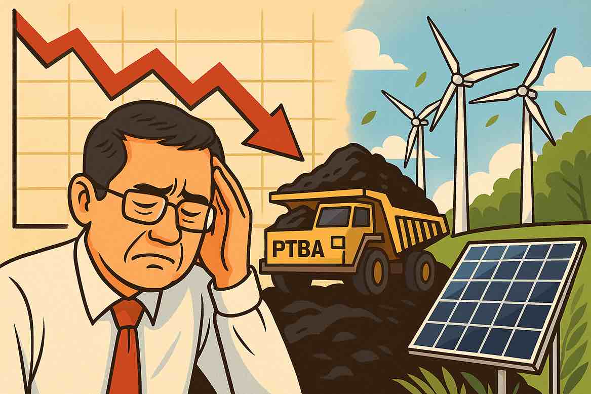 Laba PTBA anjlok 79 persen di kuartal 1 2025, ambisi bisnis EBT belum menopang pendapatan, investor diminta waspada. Gambar dibuat oleh AI untuk KabarBursa.com.