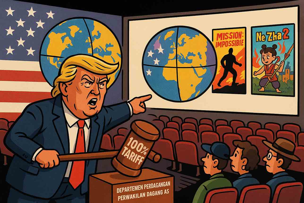 Trump ancam tarif 100 persen untuk film asing demi mengembalikan kejayaan industri film Amerika. Gambar dibuat oleh AI untuk KabarBursa.com.