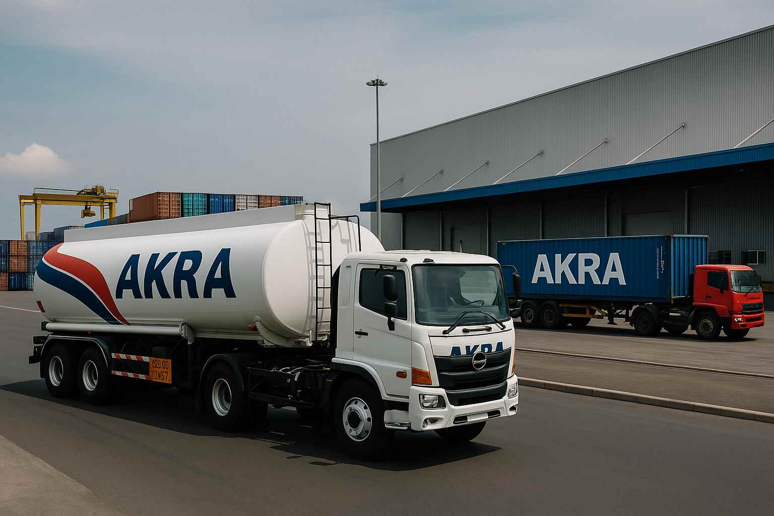 Ilustrasi: Truk tangki bahan bakar dan kontainer logistik dengan branding AKRA melintasi kawasan distribusi. (Foto: AI untuk KabarBursa)