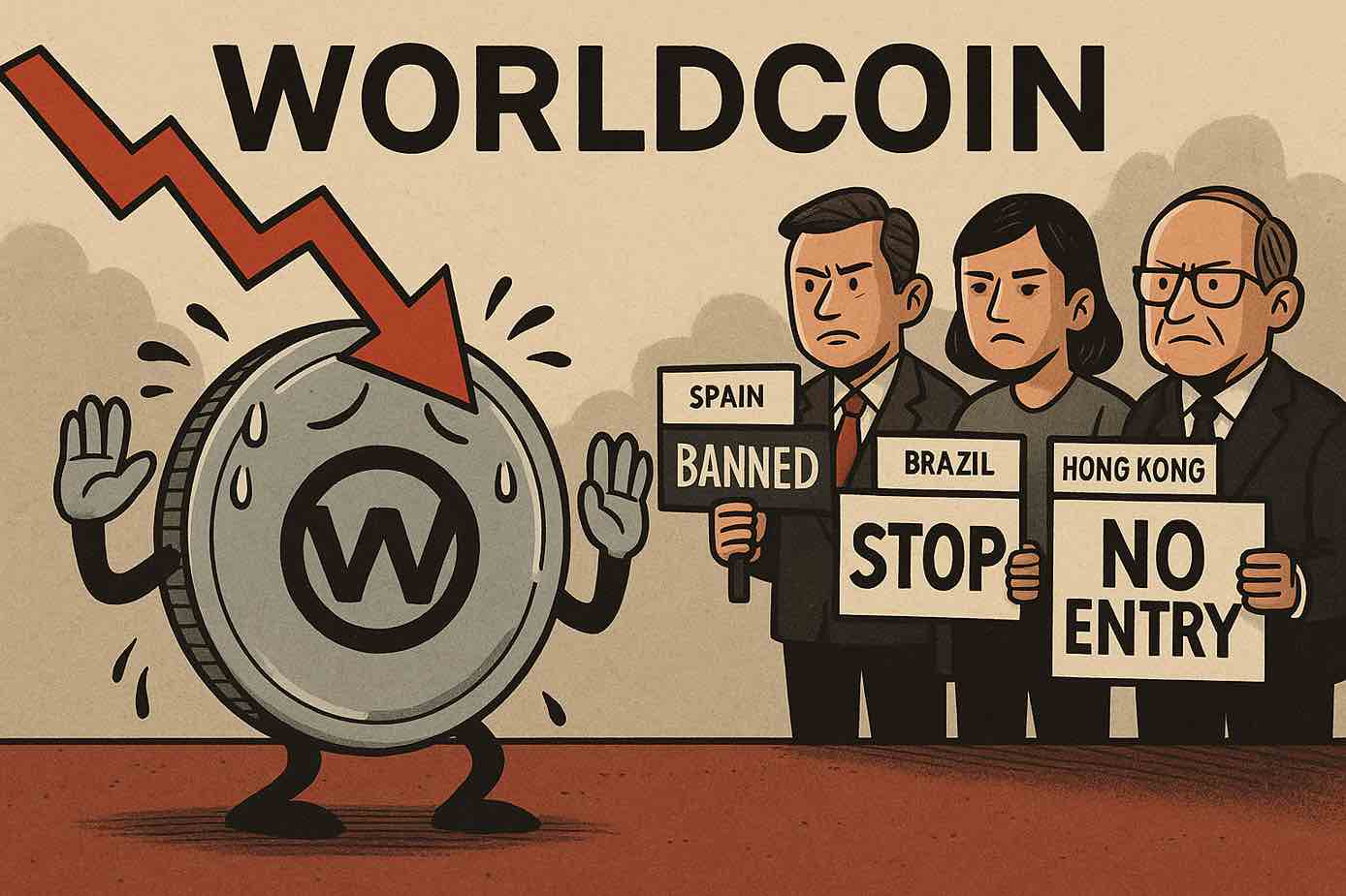 Worldcoin anjlok, dilarang di banyak negara. Investor khawatir, pasar kripto goyah, risiko regulasi makin membesar di proyek identitas digital global. Gambar dibuat oleh AI untuk KabarBursa.com