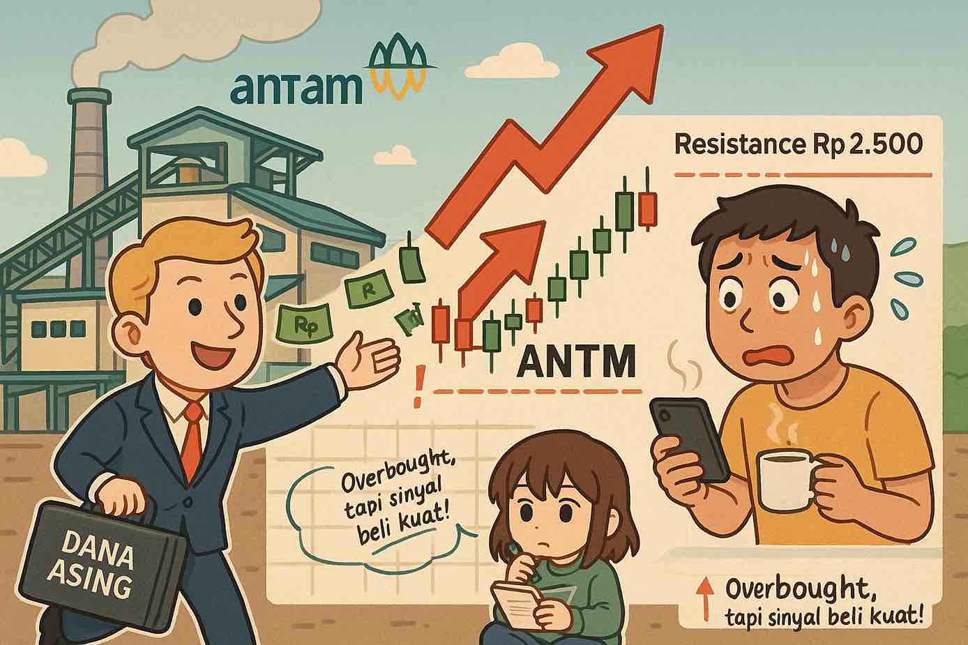 Saham ANTM diserbu asing, sinyal breakout kuat, harga mendekati resistance Rp2.500, overbought. Gambar dibuat oleh AI untuk KabarBursa.com.