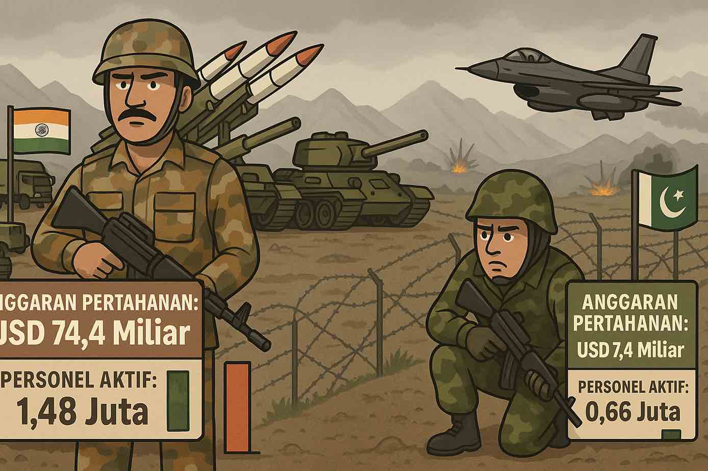 Perbandingan anggaran militer dan personel India vs Pakistan 2025. Siapa lebih unggul di Asia Selatan? Gambar dibuat oleh AI untuk KabarBursa.com.