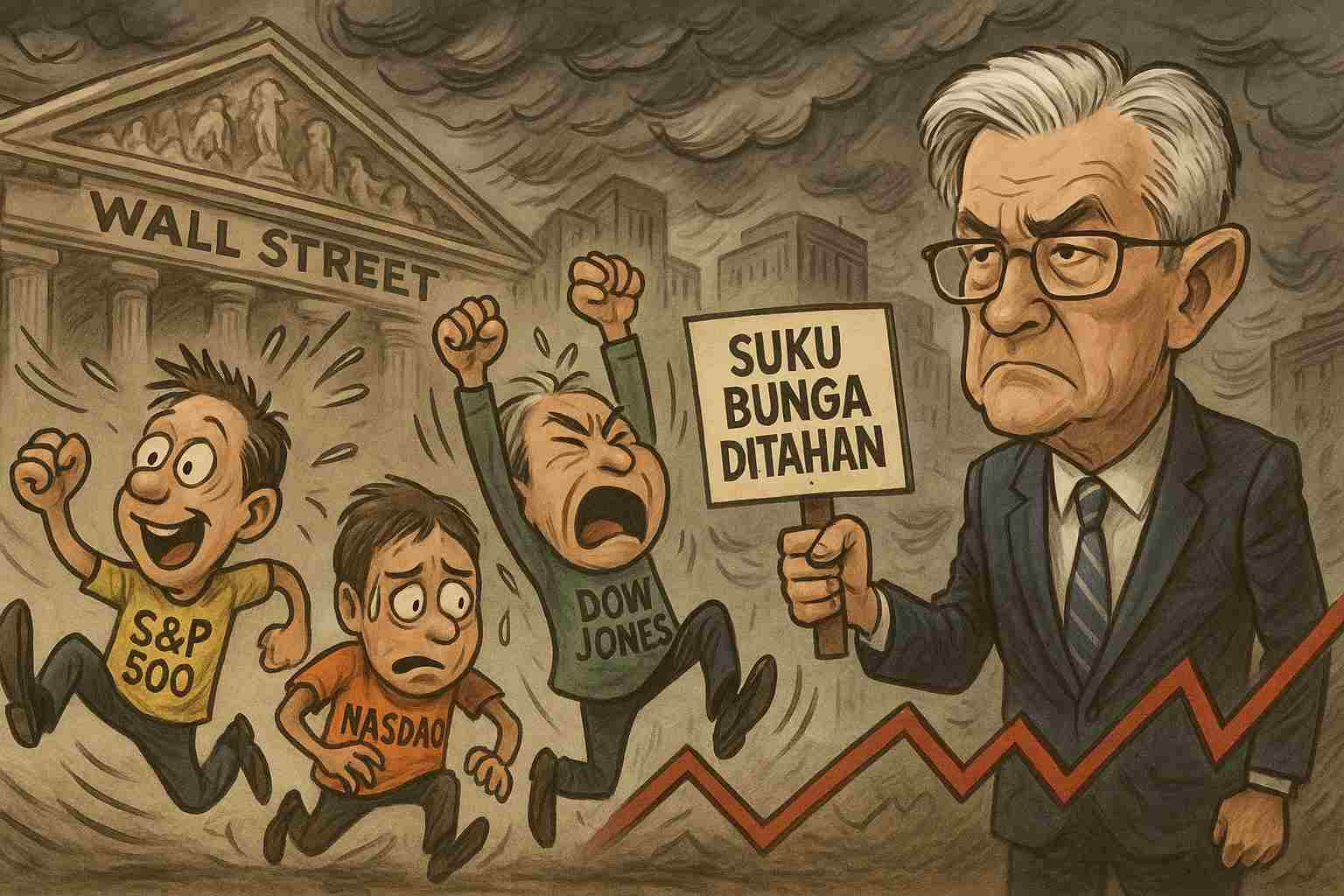 Ilustrasi Wall Street yang bergerak variatif usai Fed pertahankan suku bunga. (Gambar dibuat oleh AI untuk KabarBursa.com)