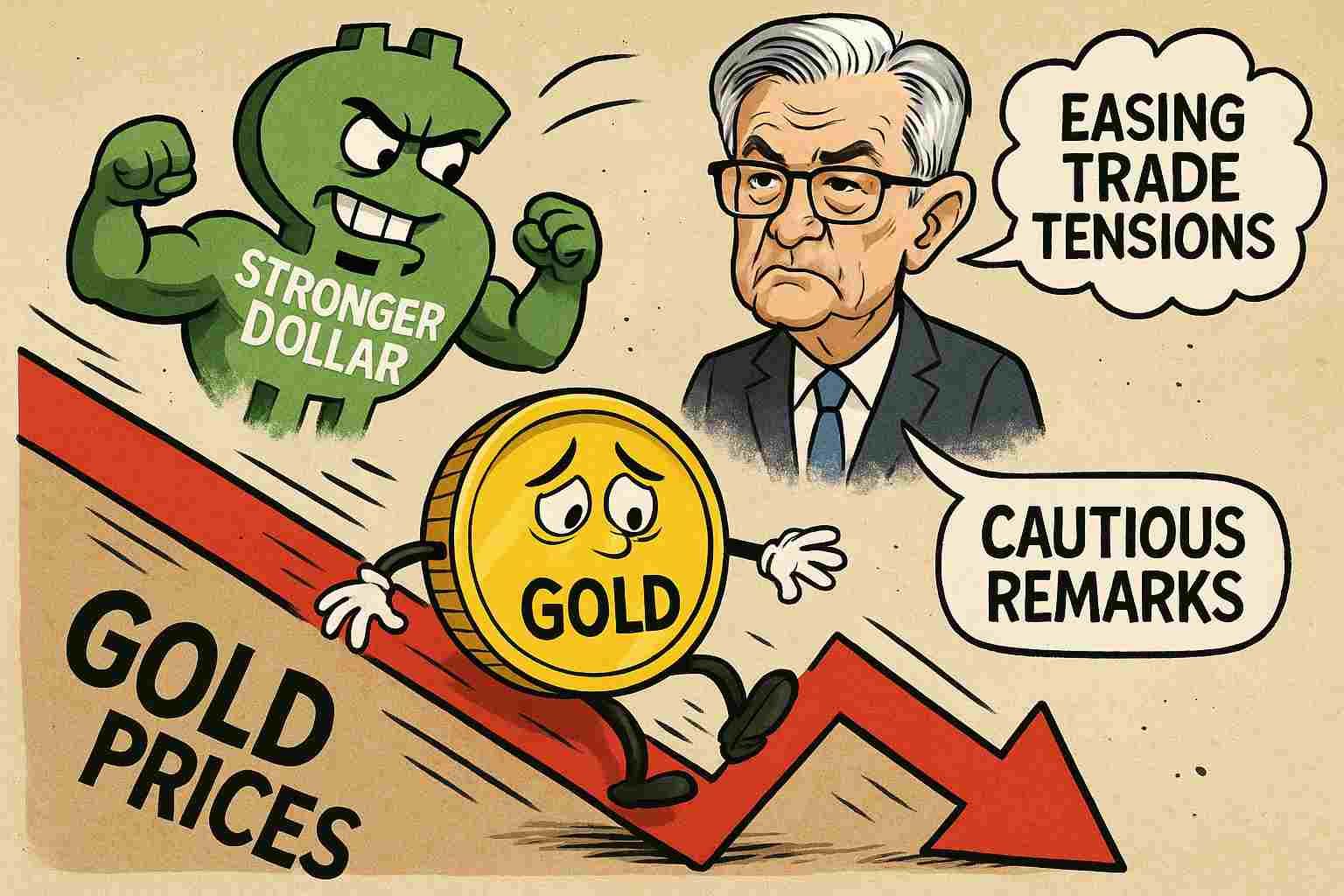 Ilustrasi harga emas terjungkal akibat penguatan dolar dan keputusan The Fed. (Gambar dibuat oleh AI untuk KabarBursa.com)