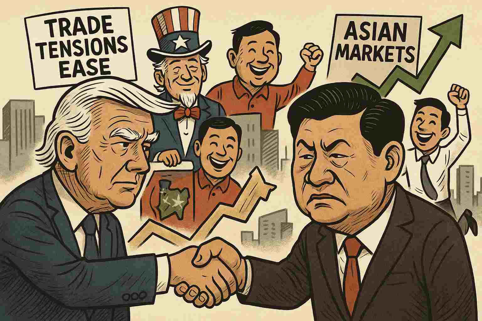 Ilustrasi bursa Asia yang naik tajam disusul adanya potensi meredanya ketegangan AS-China. (Gambar ini dibuat oleh AI untuk KabarBursa.com)