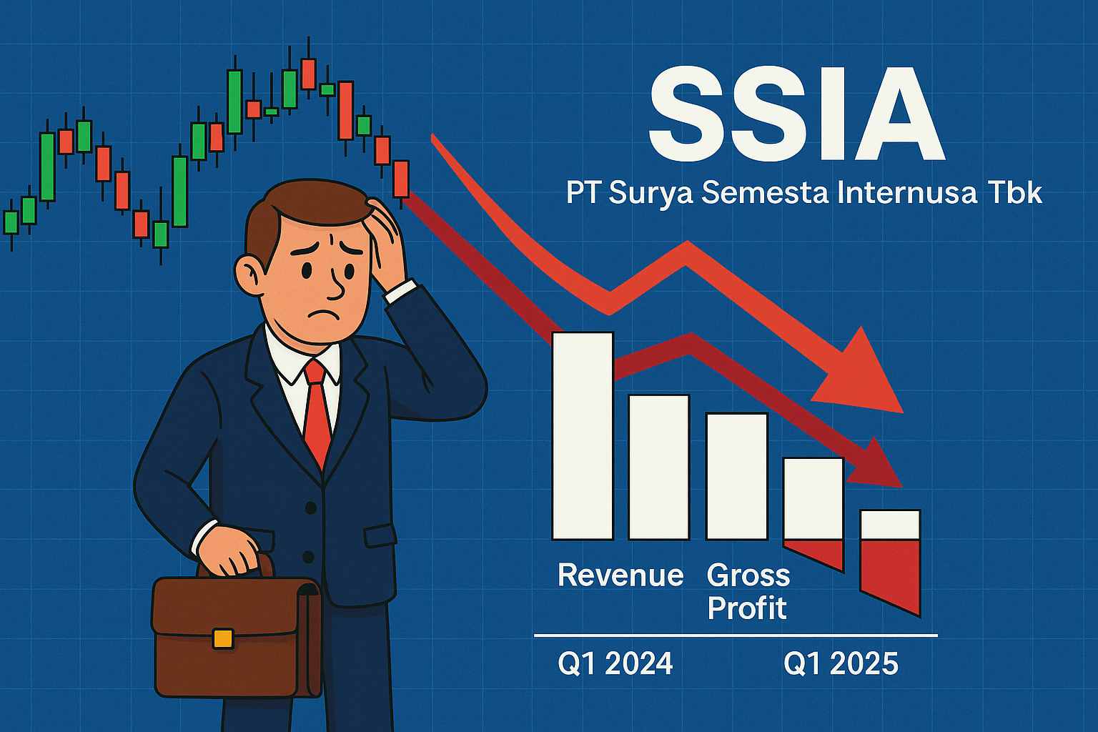 Ilustrasi susutnya pendapatan PT Surya Semesta Internusa (IDX: SSIA) di kuarta pertama 2025. (Gambar dibuat oleh AI untuk KabarBursa.com)