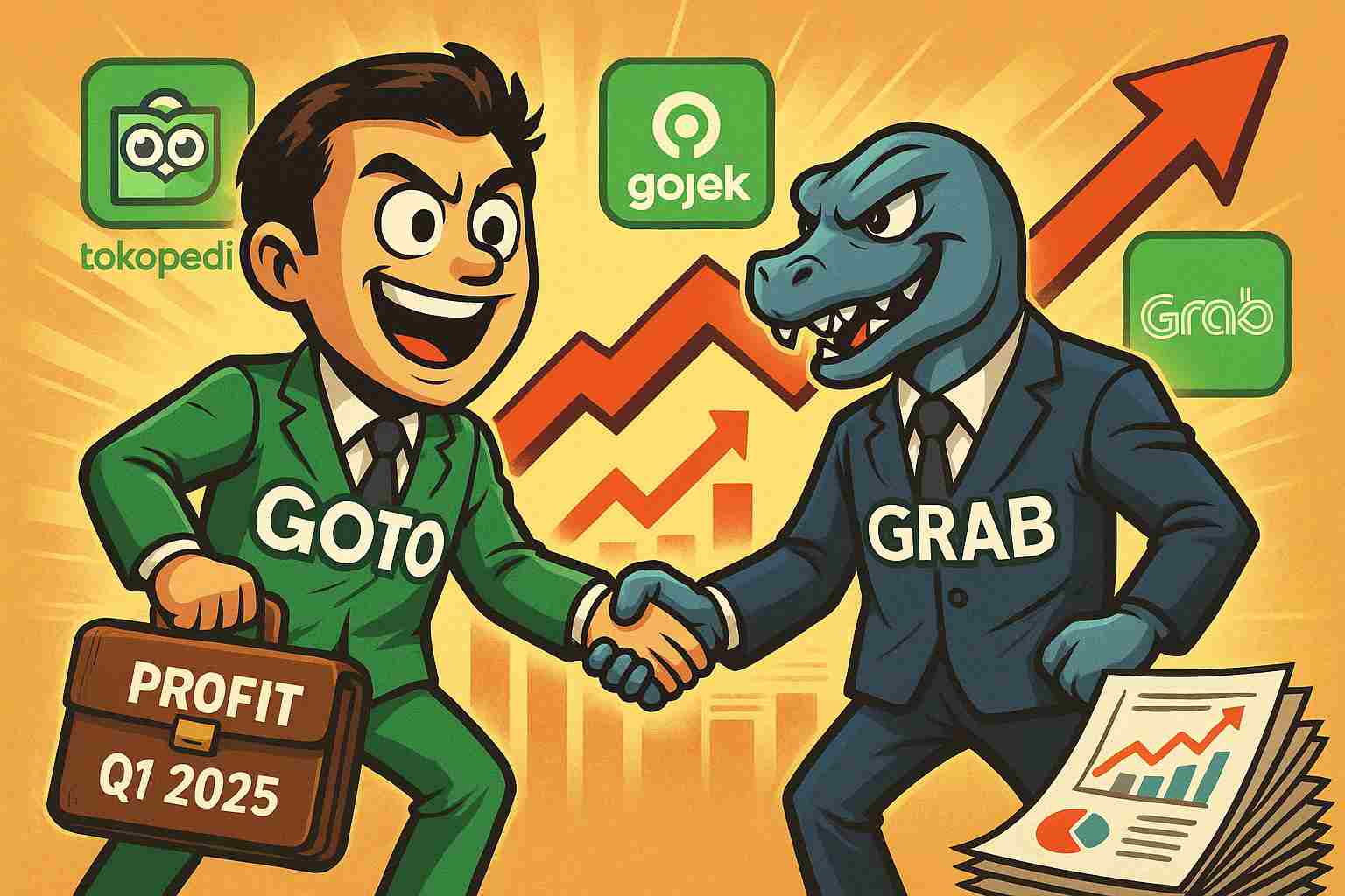 Ilustrasi merger Grab dan GOTO yang tak kunjung menemukan kata sepakat. (Gambar dibuat oleh AI untuk KabarBursa.com)