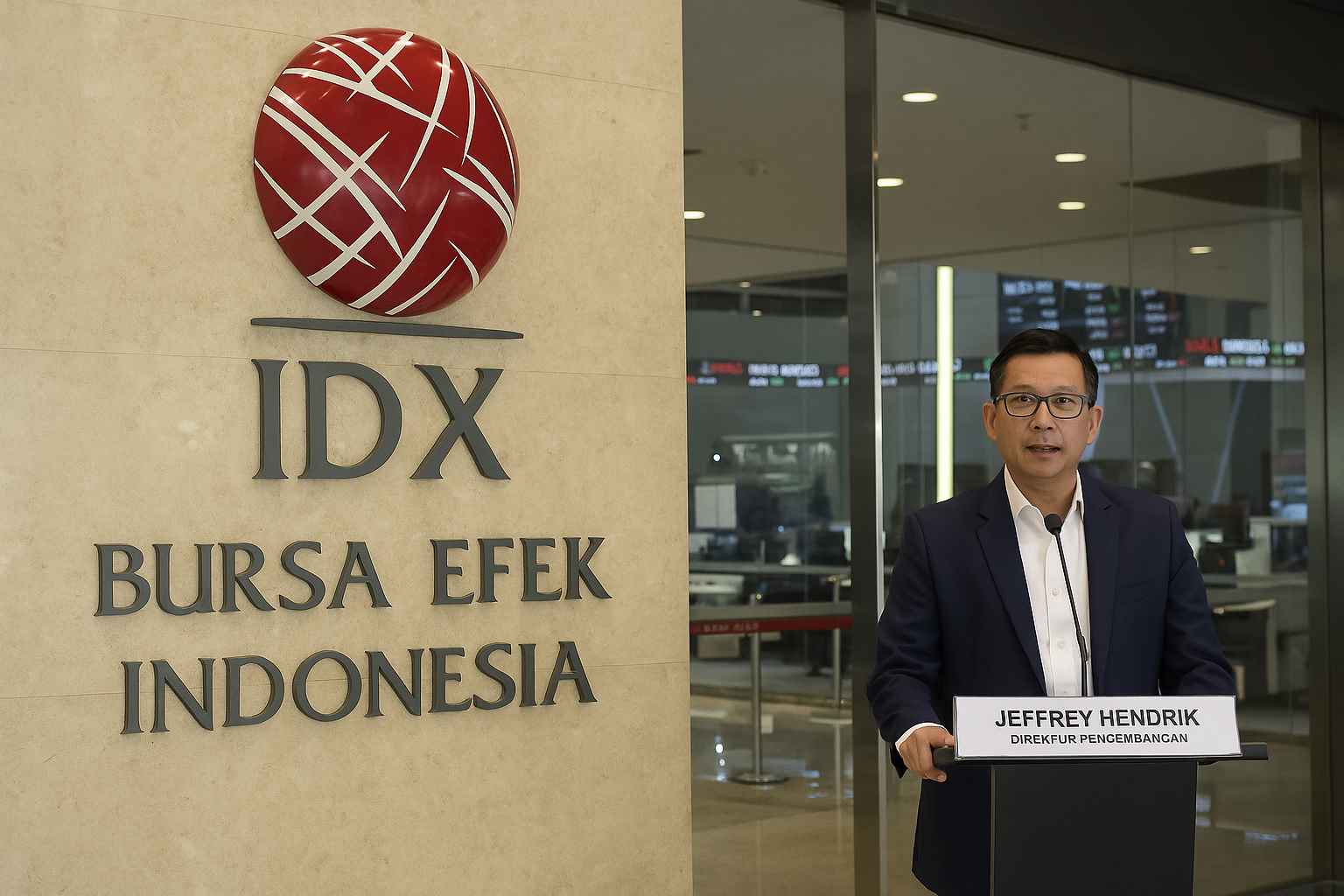 Ilustrasi Bursa Efek Indonesia dan Direktur Pengembangan BEI Jeffrey Hendrik. (Gambar dibuat oleh AI untuk KabarBursa.com)