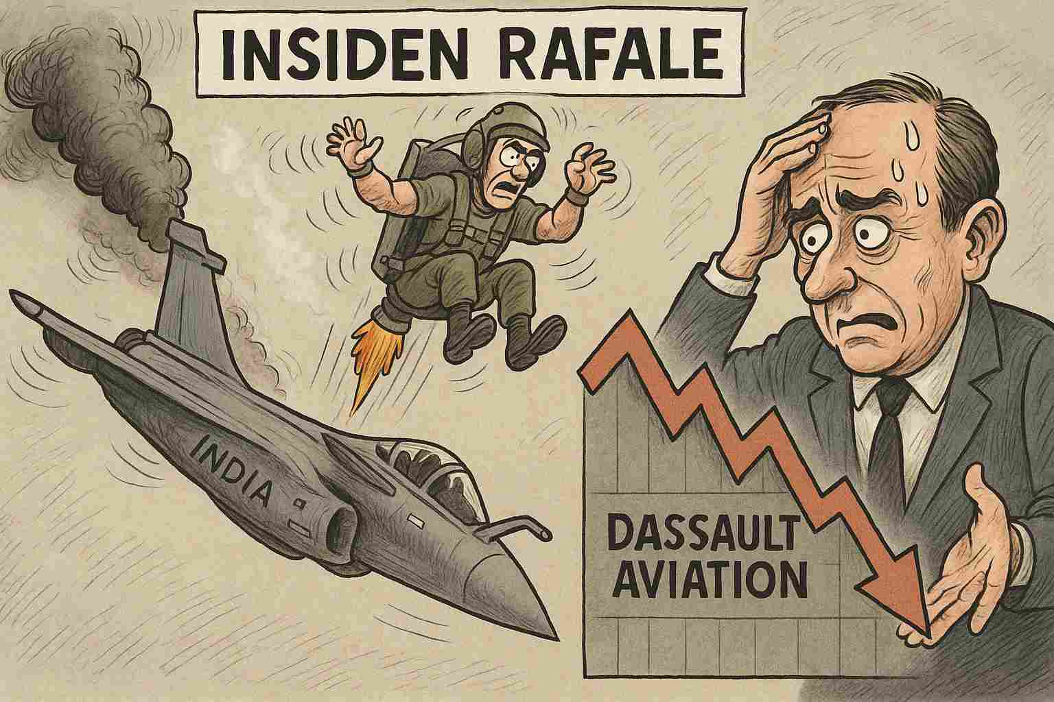 Ilustrasi jatuhnya pesawat tempur Rafale dan anjloknya saham Dassault. (Gambar dibuat oleh AI untuk KabarBursa.com)