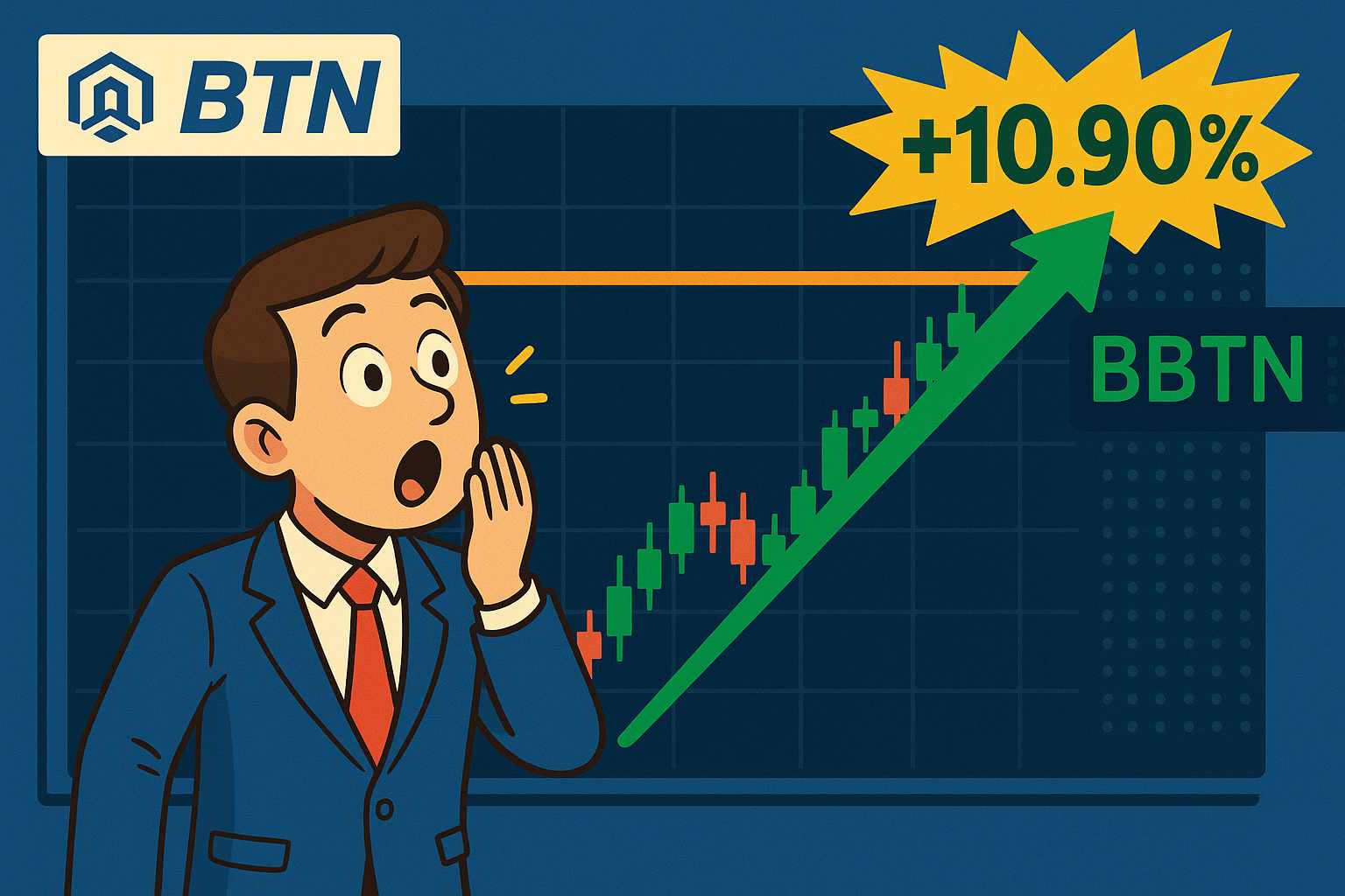 Seorang analis pasar menunjukkan grafik pergerakan saham Bank BTN (BBTN) yang menembus resistance teknikal dengan kenaikan harian +10,90 persen. (Ilustrasi: KabarBursa/DALL·E)
