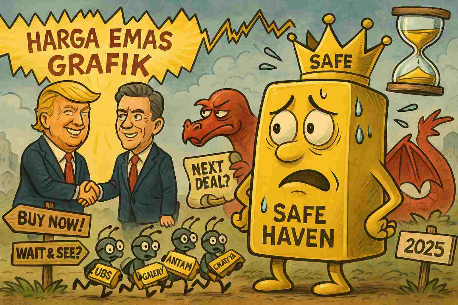 Ilustrasi harga emas yang kembali anjlok seiring meredanya ketegangan global. (Gambar dibuat oleh AI untuk KabarBursa.com)