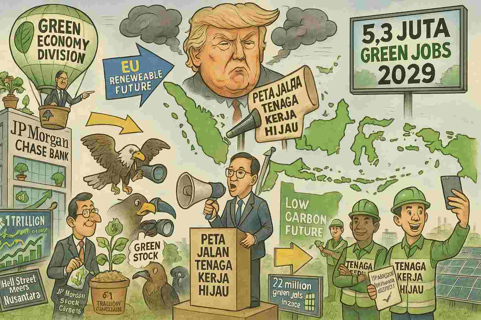 Ilustrasi ekonomi hijau JP Morgan dan peta jalan tenaga kerja hijau Indonesia. (Gambar dibuat oleh AI untuk KabarBursa.com)