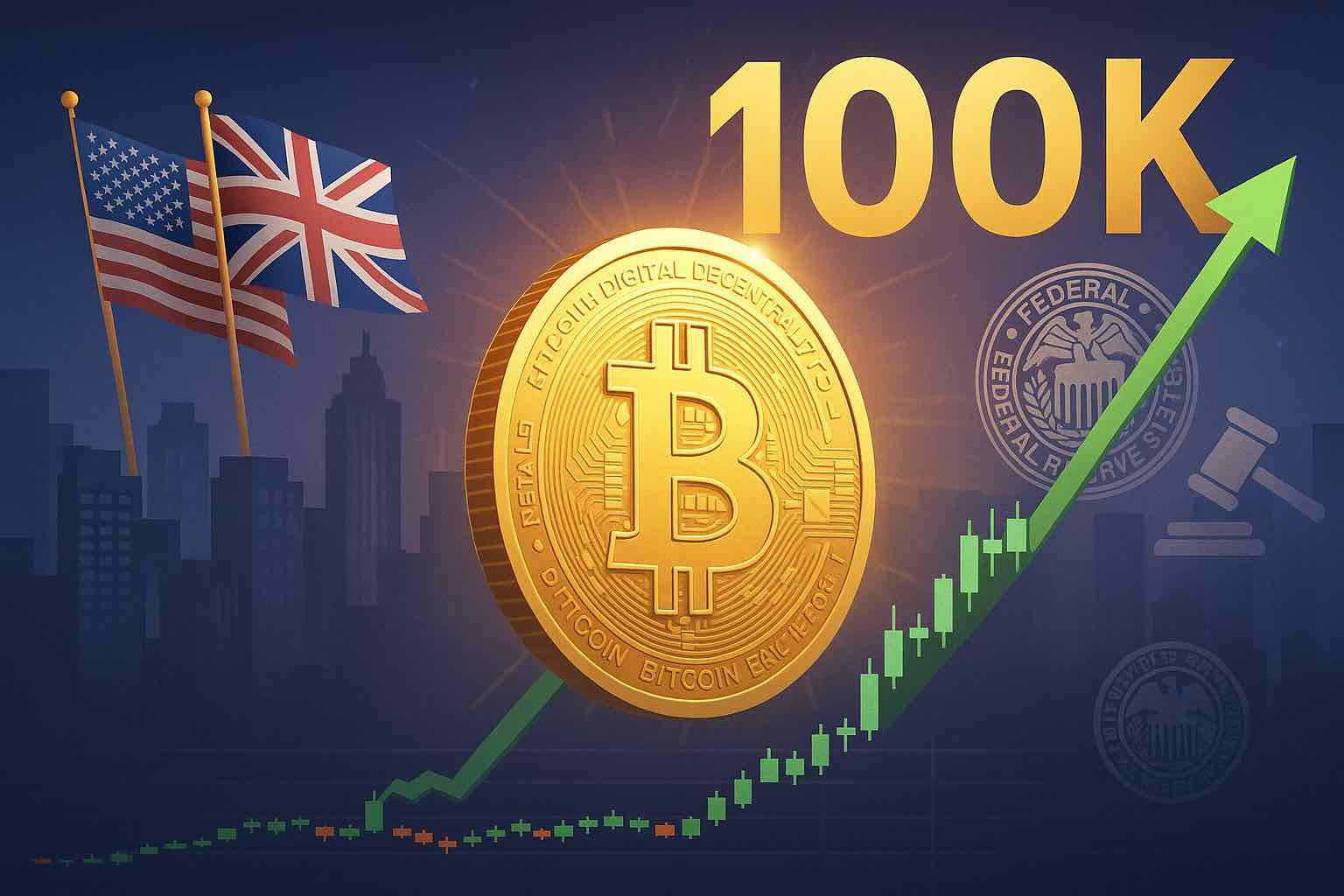 BTC kembali sentuh USD100K. Simak lima faktor utama: Trump-Inggris, The Fed, dana institusi, legalitas BTC AS, hingga likuidasi short besar-besaran. Gambar dibuat oleh AI untuk KabarBursa.com.