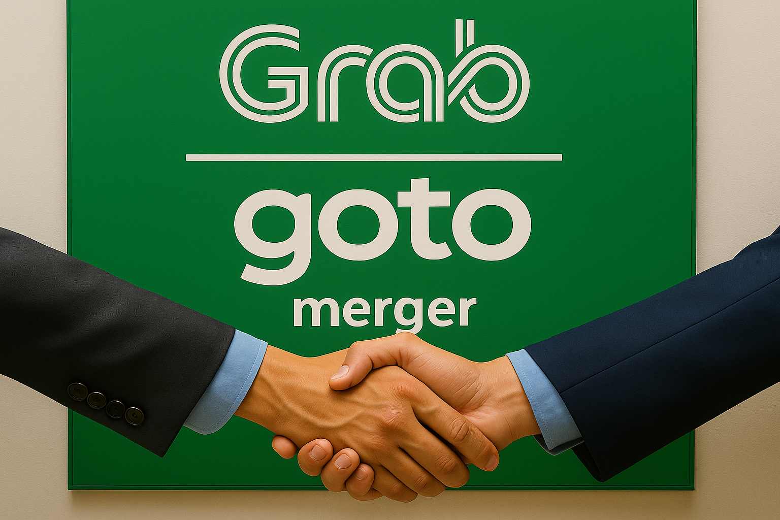 Ilustrasi merger Grab dan GoTo.