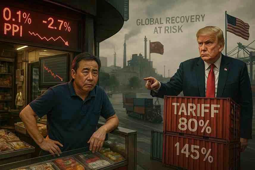 Perekonomian China di tengah tekanan disinflasi dan tarif dagang dari Amerika Serikat. Ilustrasi ini menggambarkan pabrik-pabrik yang melambat, konsumsi domestik yang lesu, dan tekanan tarif AS yang membayangi ekspor China. Gambar dibuat oleh AI untuk KabarBursa.com.