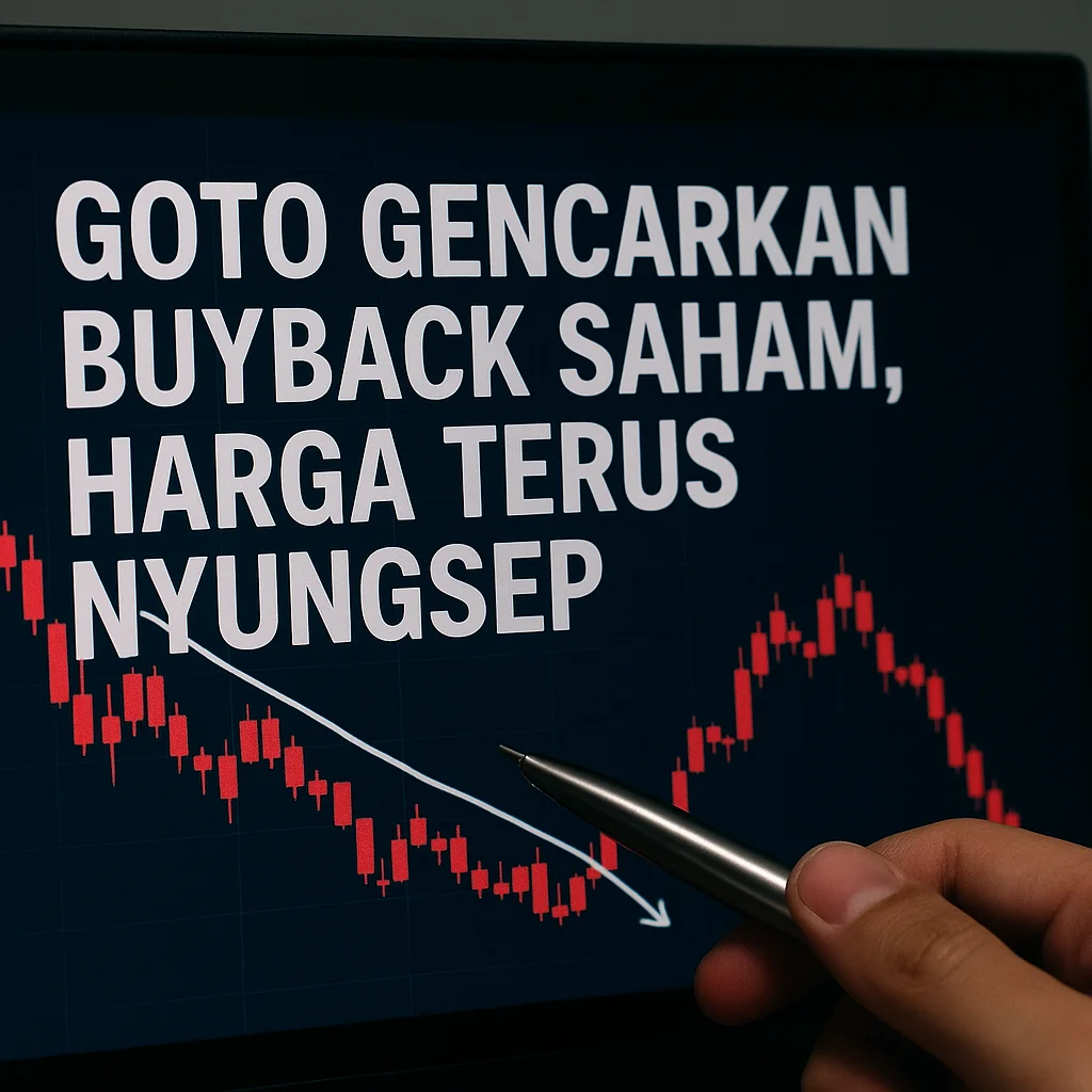 Ilustrasi aksi korporasi GOTO dan harga saham yang naik turun.